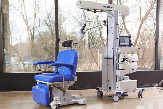 Our TMS treatment room, with the Magstim chair and stimulator