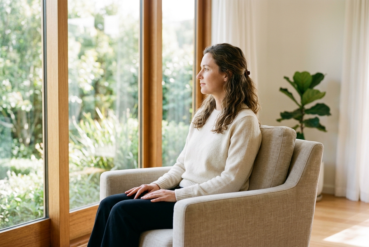 A person in quiet, thoughtful contemplation beside a sunlit window reflecting on trauma recovery and healing memory loss