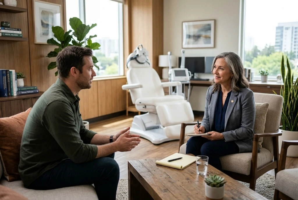 Psychiatric consultation discussing TMS therapy safety, benefits, and depression recovery in a modern clinical setting