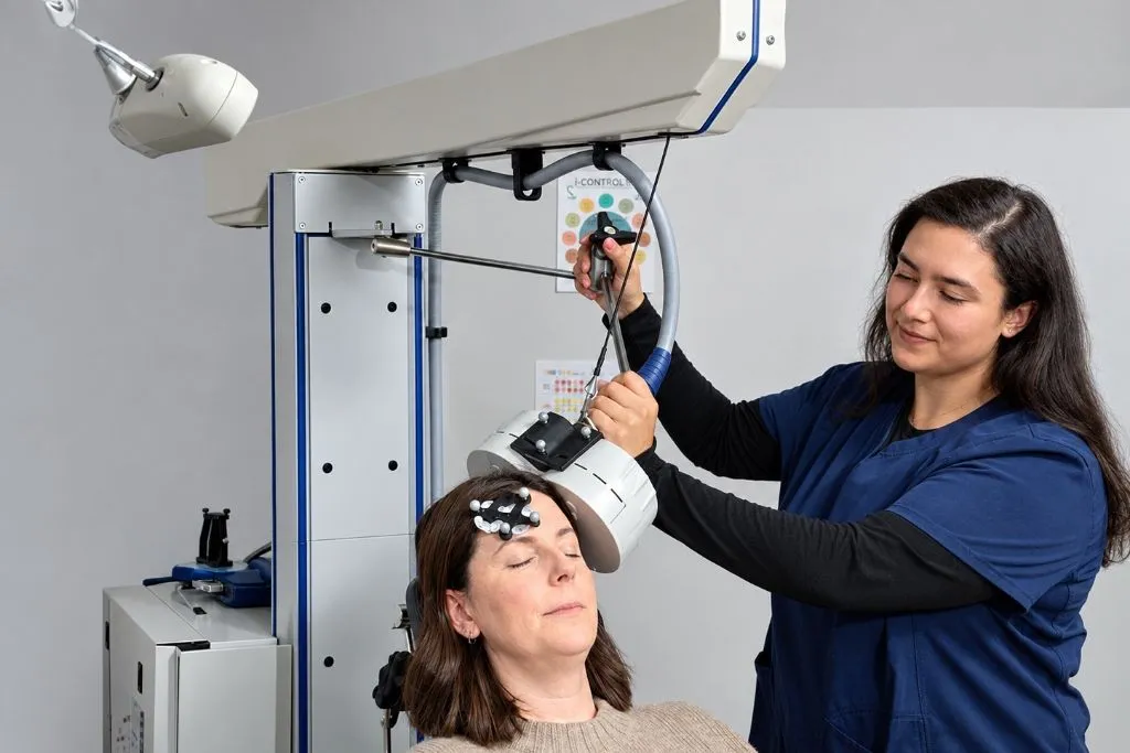 Clinical TMS technician positioning magnetic coil over patient's head for targeted depression treatment